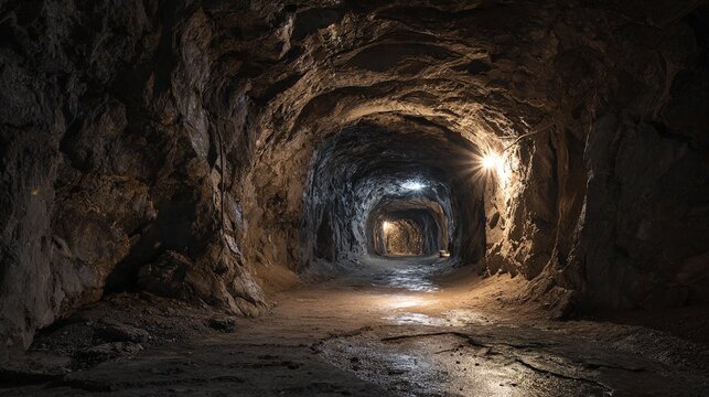 miner. An empty underground mine tunnel with rough rock walls lit by a single helmet light. safety posters, maintenance manuals, designed for industrial assembly lines and welding operations.
