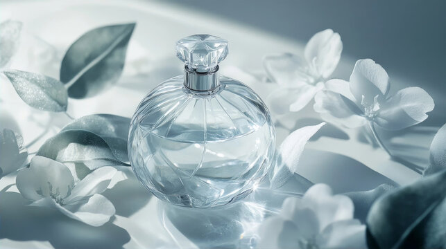 Elegant round glass perfume bottle surrounded by delicate white flowers and leaves in soft light