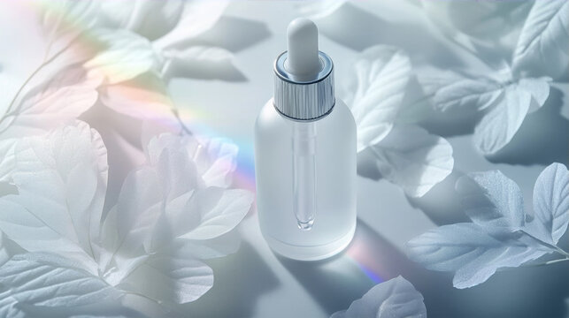 Frosted glass dropper serum bottle mockup surrounded by white leaves with subtle rainbow light flare background