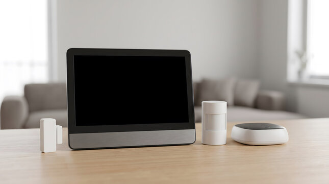 Smart home security system components, including a tablet control panel, motion sensor, door contact, and hub on a wooden table