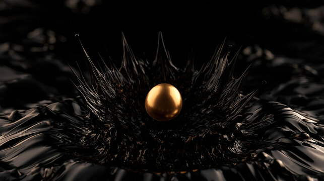 Golden sphere floating above splash of glossy black liquid, ferrofluid spike effect, abstract 3D render background