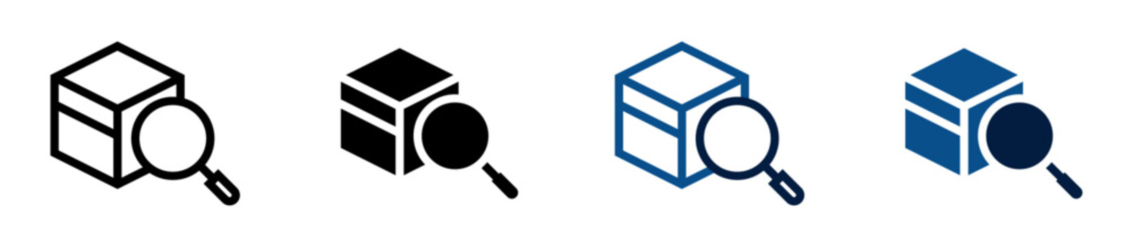  Iconos de inspecci&oacute;n de paquete. Caja con lupa de b&uacute;squeda. Log&iacute;stica y revisi&oacute;n de producto. Ilustraci&oacute;n vectorial