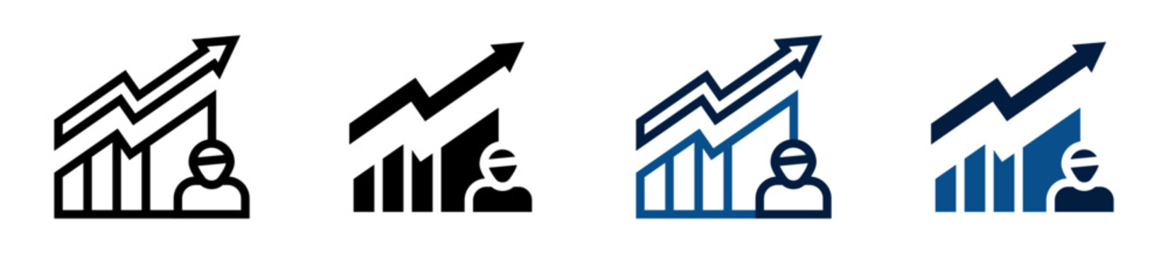 Iconos de crecimiento personal. Gr&aacute;fico ascendente con persona debajo. Progreso profesional y &eacute;xito financiero. Ilustraci&oacute;n vectorial