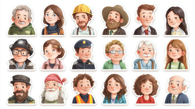 Diverse set of cartoon portraits featuring various occupations and people characters