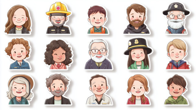 Diverse collection of cartoon avatars featuring various occupations, genders, and ages in sticker style