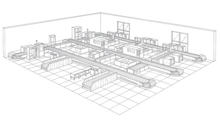 Fototapeta premium Modern Isometric Line Drawing of a Large Industrial or Office Building Floor Plan with Workstations and Conveyor Belts