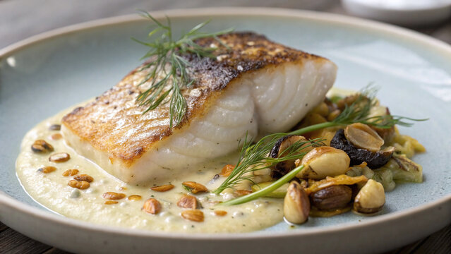 Photorealistic macro turbot with blistered golden skin, flaky flesh, smoked mussel cream, saffron leeks and dill oil