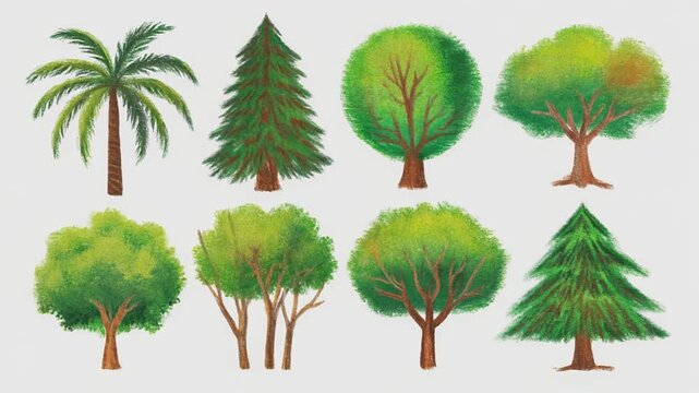 Watercolor set of various green trees including palm pine and deciduous tree illustrations isolated on light grey background
