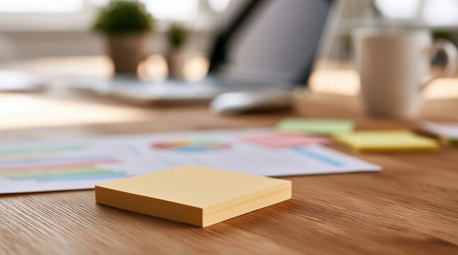Note with a blank yellow sticky memo on a wooden office desk for business reminder