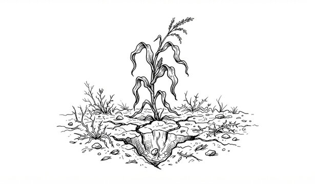 Withered Corn Plant and Dry Weeds Biblical Sower Parable Black Line Art Vector