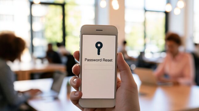 Password reset on a smartphone for digital account security in a busy office space