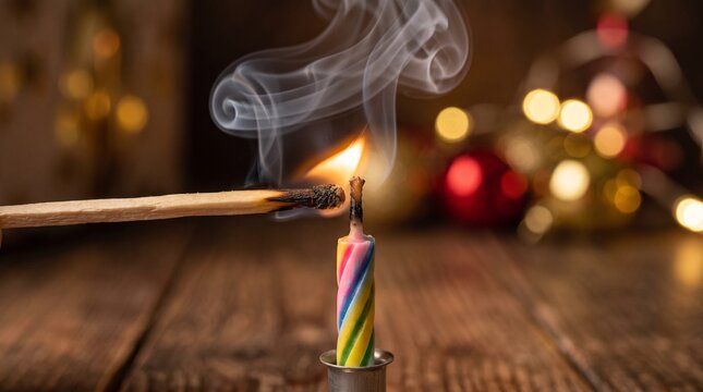 Burning match lighting colorful birthday candle on rustic wooden table with festive holiday background