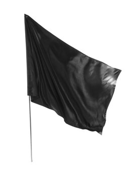 Protest and mourning concept black flag waving on a pole as a sign of grief anarchy or political dissent isolated on a clean white background