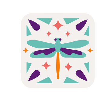 Stylized dragonfly with geometric shapes and stars