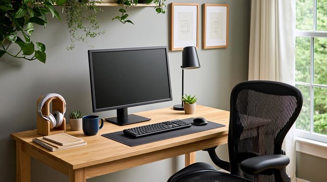Office workspace with computer monitor on a wooden desk in a cozy home interior