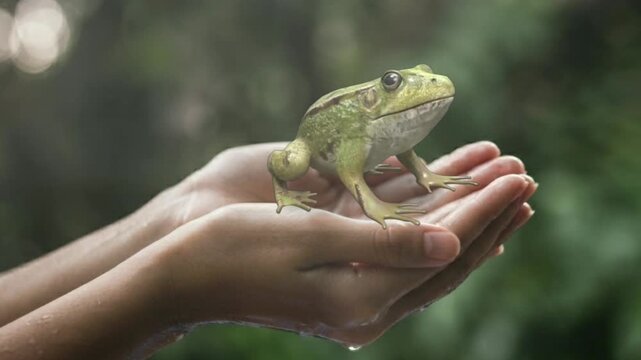 Green Frog on Cupped Hands in Nature Conservation Concept