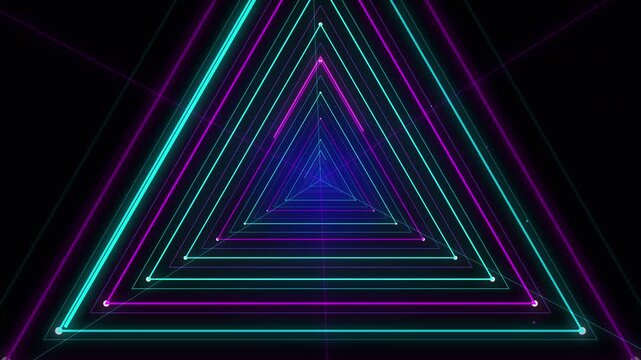 Abstract neon triangle tunnel motion graphic with blue and magenta lights, futuristic digital vortex loop