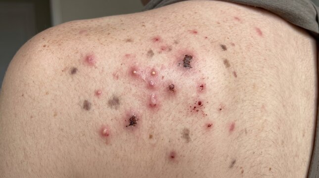 Close up view of severe acne breakout and pus pimples on back shoulder