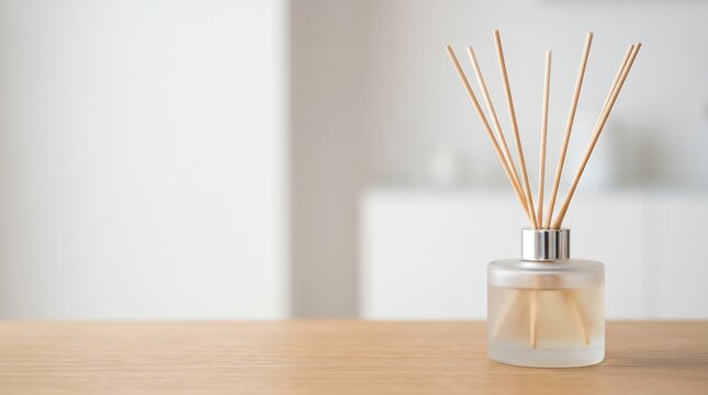 reed diffuser bottle standing on wooden table bright room home spa concept