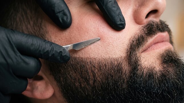 Barber in black gloves performing dermaplaning facial shaving with scalpel on man cheek and beard