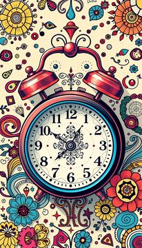 Illustration of a vintage-style alarm clock with intricate details, surrounded by swirling patterns, geometric shapes, and whimsical doodles, design elements, hand-drawn