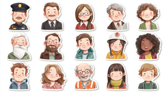A collection of diverse cartoon portraits showing various people and professions as stickers
