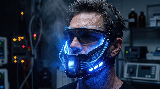 Futuristic cyberpunk man wearing glowing blue high tech illuminated face mask respirator in dark lab