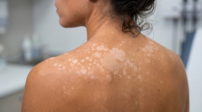 Rear view of woman back with tinea versicolor fungal infection skin discoloration spots