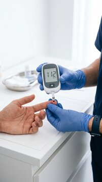 A medical professional in blue gloves performs a blood glucose test on a patient's finger using a glucometer, highlighting a common diagnostic procedure in healthcare.
