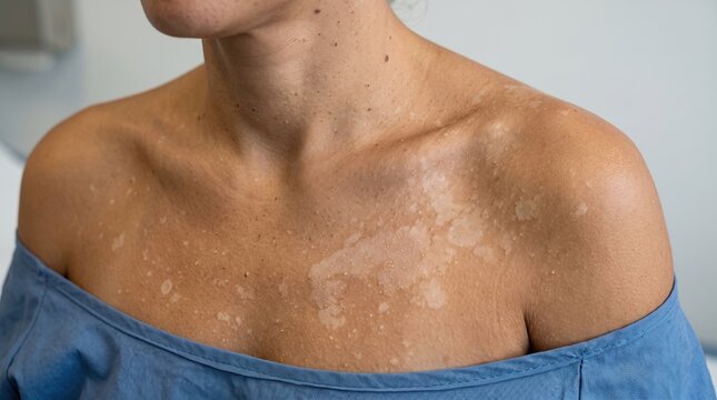 Female chest and shoulders affected by tinea versicolor fungal skin pigmentation loss