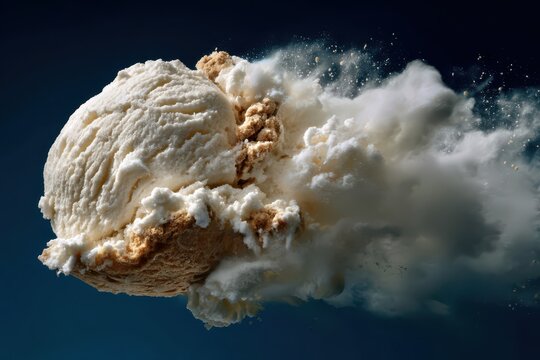 Vanilla bean ice cream scoop with caramel swirl exploding in mid-air against a dark blue background