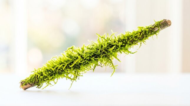 Mossy twig, green moss, twig with moss, Close up of Green Mossy Twig Lying on White Background in Morning Light, mossy twig, 