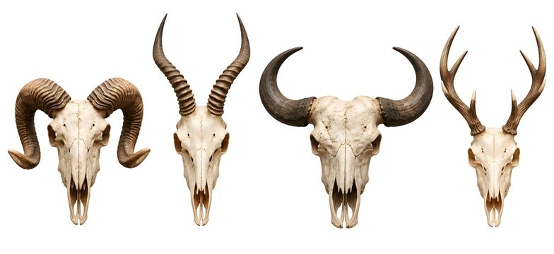 Animal skulls with horns and antlers, set of four wild trophy bones on white background