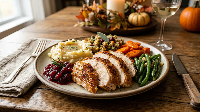 Thanksgiving dinner plate with roasted turkey sides and autumn decorations