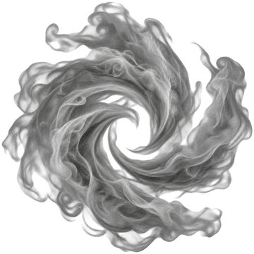 swirling, ethereal white smoke pattern forms a dynamic spiral shape with delicate wispy tendrils and flowing textures.