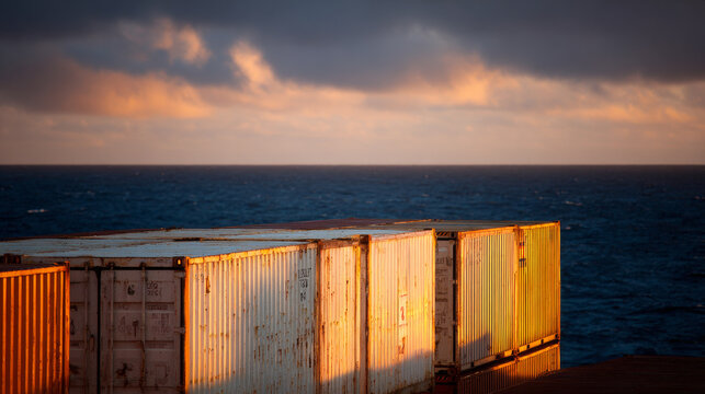 shipping containers at sea with the horizon line in the background warm lighting, one white container looks new 