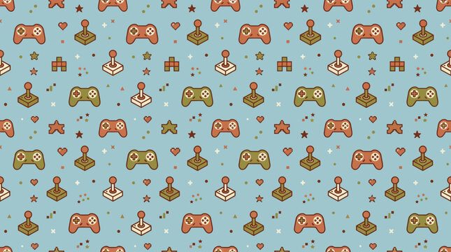 Retro video game pattern: joysticks, controllers, pixel hearts & stars