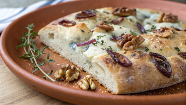 Photorealistic macro fougasse showing blistered crust, molten blue cheese, caramelized onion, walnut and thyme textures