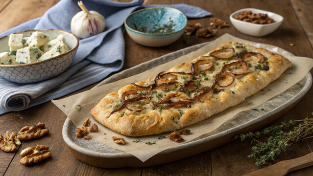 Photorealistic Proven&ccedil;al fougasse with blue cheese, caramelized red onion, walnuts and thyme on a rustic bakery table