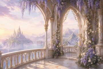 Obraz premium Fantasy palace terrace with blooming flowers and mountain view