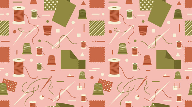 Sewing Supplies Pattern: Spools, Needles, Thimbles, Fabric Swatches