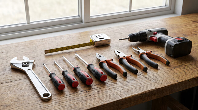Assorted hand tools including screwdrivers, pliers, adjustable wrench, tape measure, and cordless drill on a wooden workbench