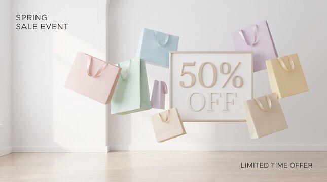 Spring Sale Event Banner with 50 Percent Off Sign and Minimalist Shopping Bags