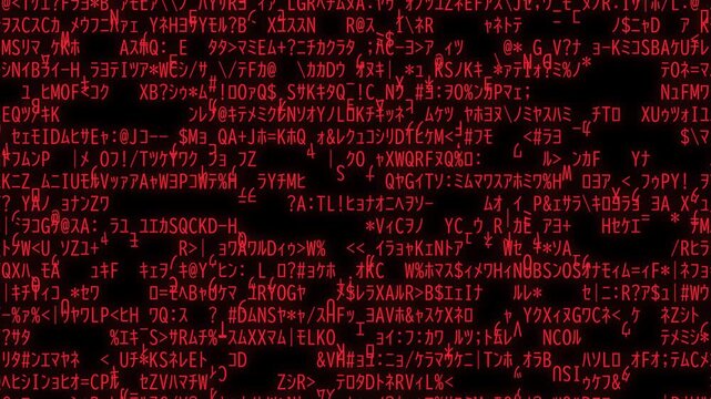 Rapidly flickering red random characters on dark screen, futuristic cyber glitch background animation.