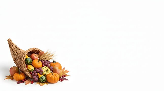 A bountiful cornucopia overflows with the harvest's richness symbolizing gratitude and the spirit of thanksgiving