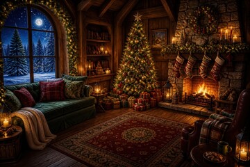 Fototapeta premium Cozy Christmas cabin interior with fireplace and tree