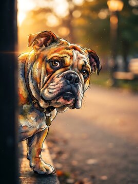Cute grumpy bulldog face close up on sunny road art