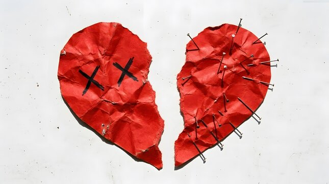 Broken red paper heart shape with black crosses and metal nails on white surface background.
