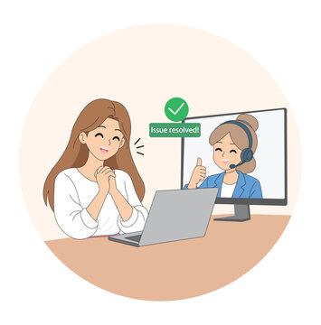 Customer Support Issue Resolved Successfully with Online Technical Assistance, Happy Woman Receiving Help from Customer Service Representative, Remote Support and Problem Solved Concept, Flat Vector.