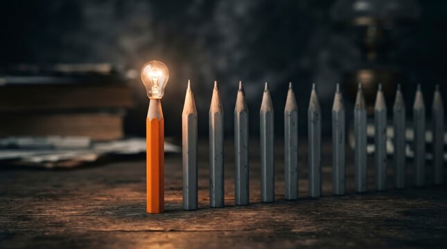 A glowing lightbulb on an orange pencil stands out among a row of dull grey pencils on a wooden desk, symbolizing creative innovation, leadership, and bright ideas.